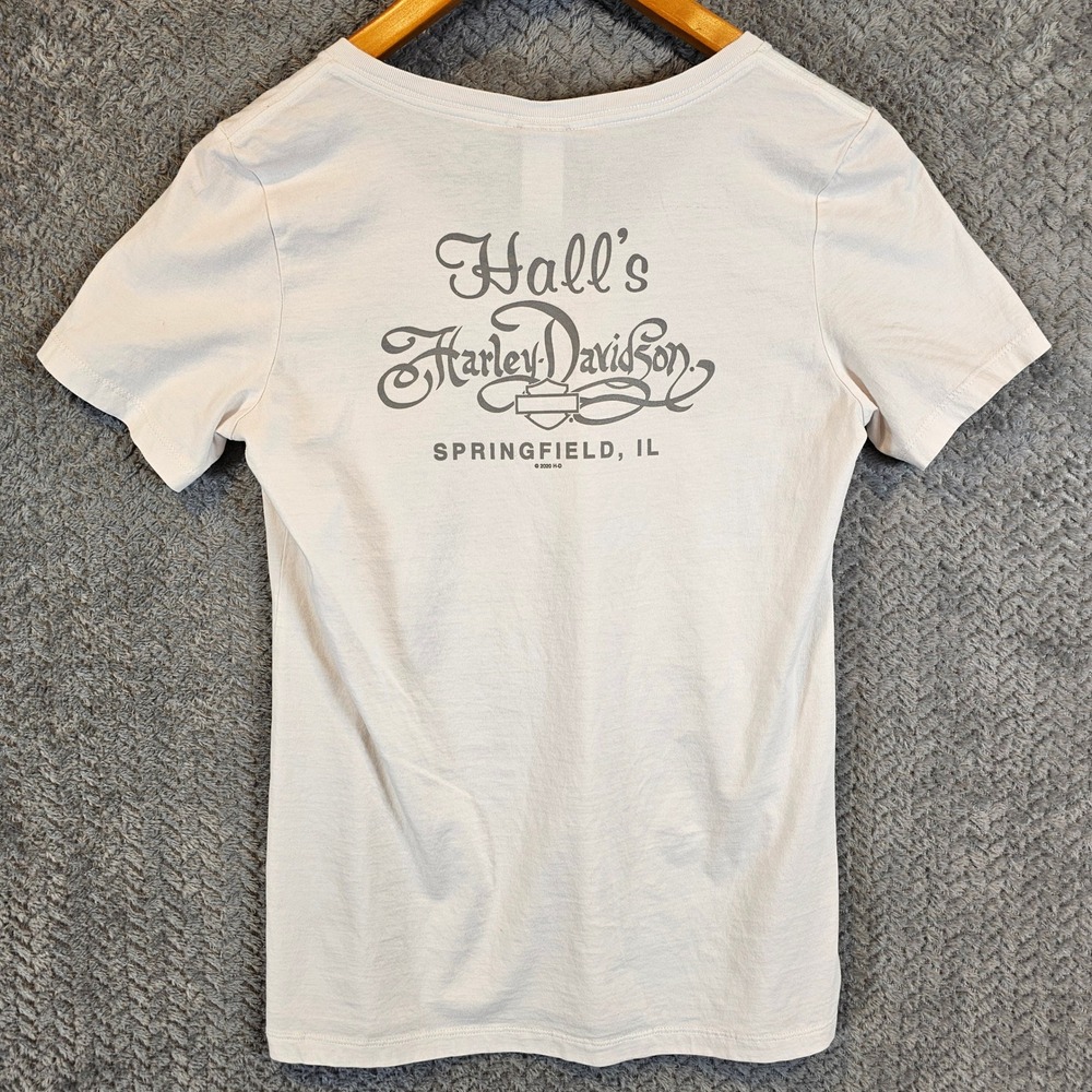 Harley-Davidson Womens V-Neck T-Shirt Cream Eagle Typography Springfield IL S - Picture 8 of 8
